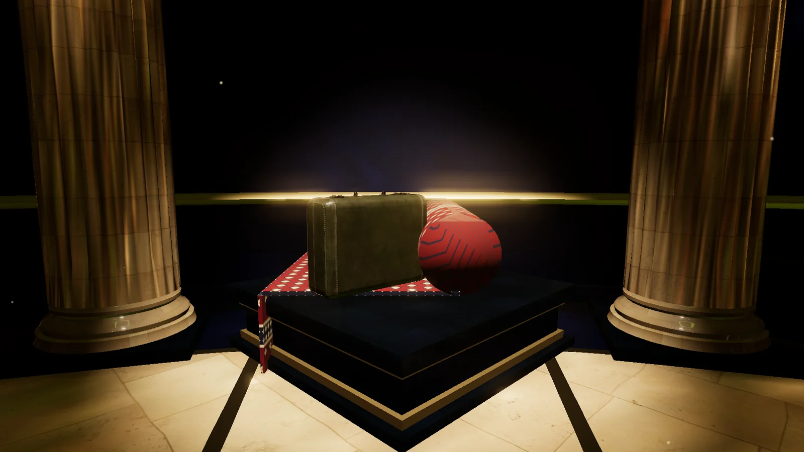 The Rug Pull, 2022, a half-rolled kilim and a suitcase on a plinth