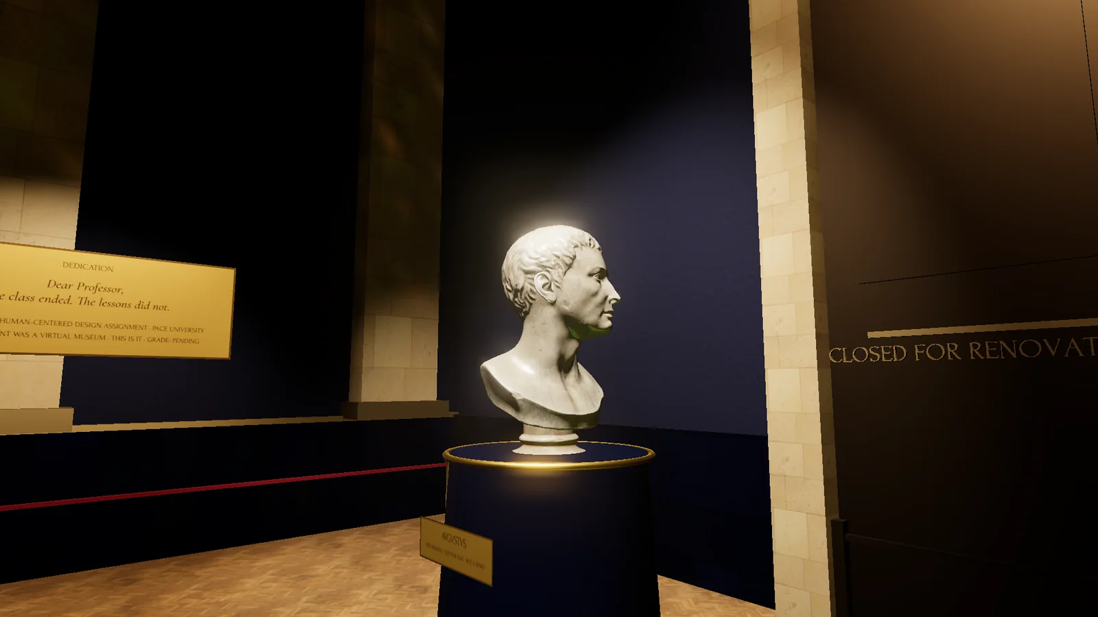 The original: the scanned marble bust of Augustus on a plinth in the corner of the gallery