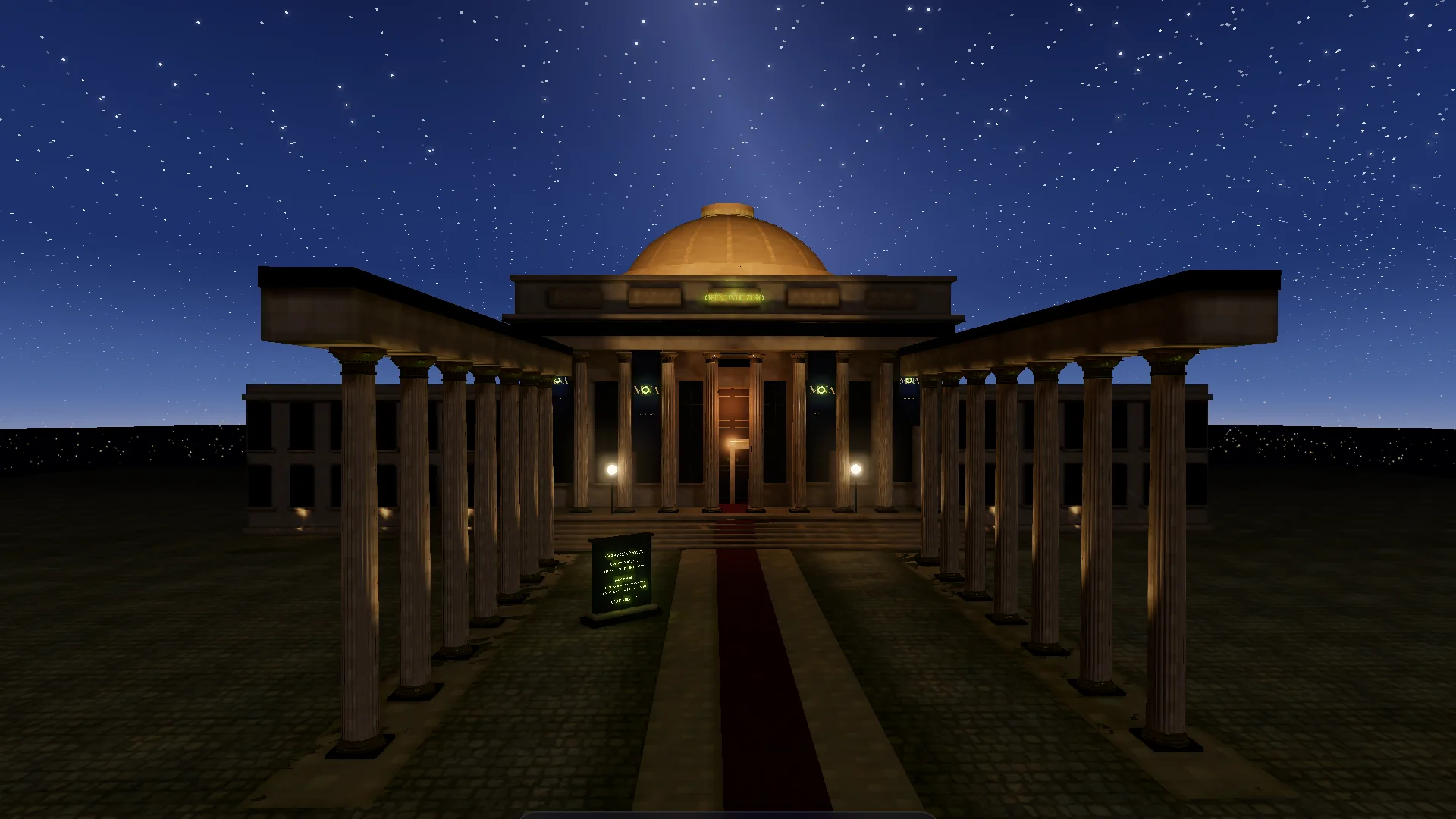 The Museum of No Assets at night: a ten-column colonnade, a lit saucer dome, a red carpet, city lights behind